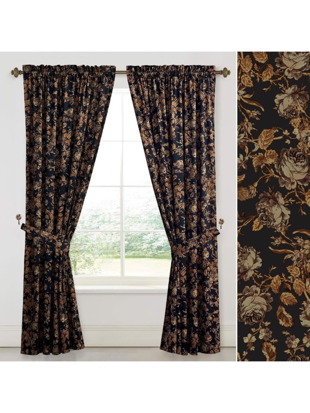 Soft Velvet Retro Gold Floral Curtains, 2 Panels, W52 x L84, Elegant Drapes